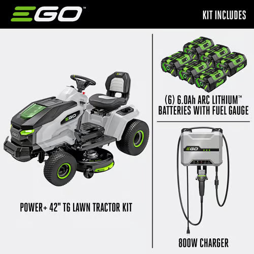 EGO Power+ 42-Inch T6 Electric Lawn Tractor with 6 x 6.0Ah Batteries & 800W Turbo Charger