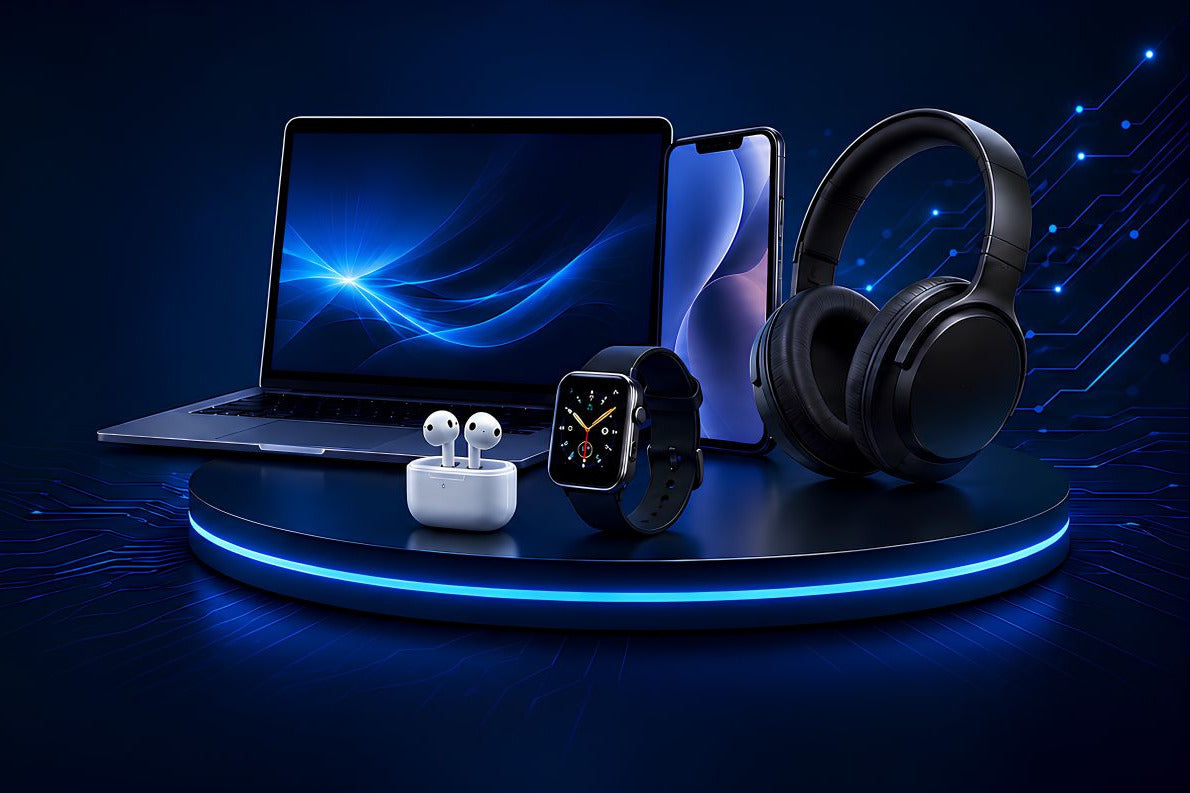 A collection of modern electronics displayed on a glowing dark platform against a deep blue background: a laptop, smartphone, over-ear headphones, earbuds in a charging case, and a smartwatch.